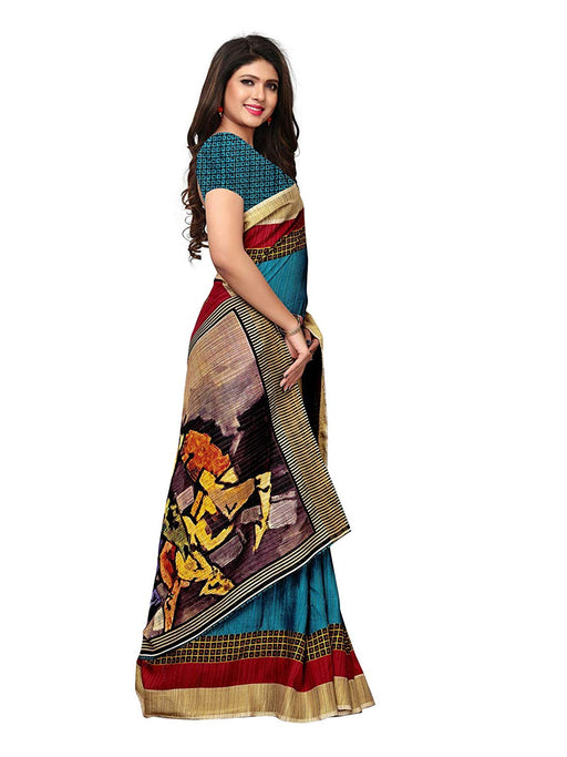 Turquoise, Multi Color Vichitra Silk (Poly Silk) Saree