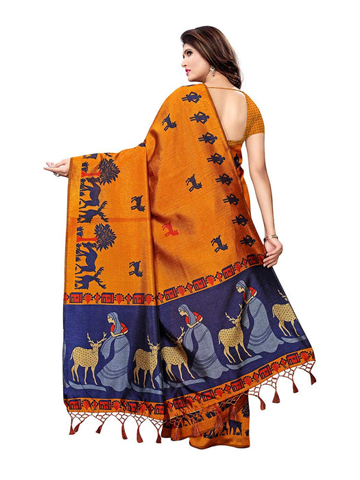 Yellow, Navy Blue Color Art Silk Saree