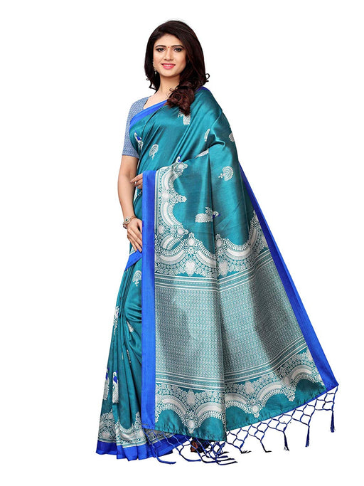 Turquoise, Silver Color Poly Silk Saree