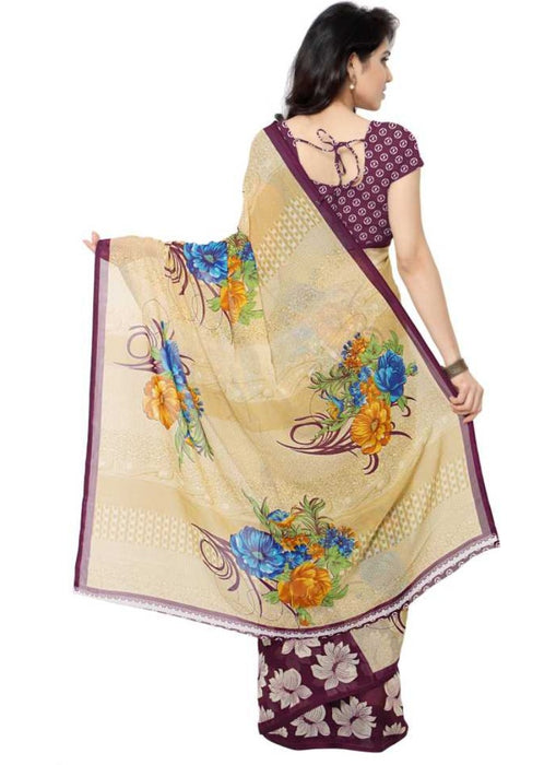 Printed Faux Georgette Wine Color Saree only in Bigswipe