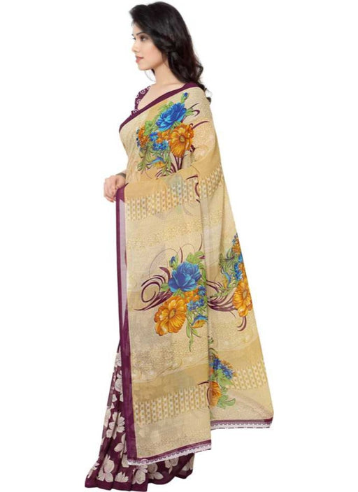Printed Faux Georgette Wine Color Saree only in Bigswipe