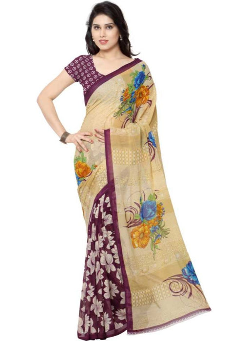 Printed Faux Georgette Wine Color Saree only in Bigswipe
