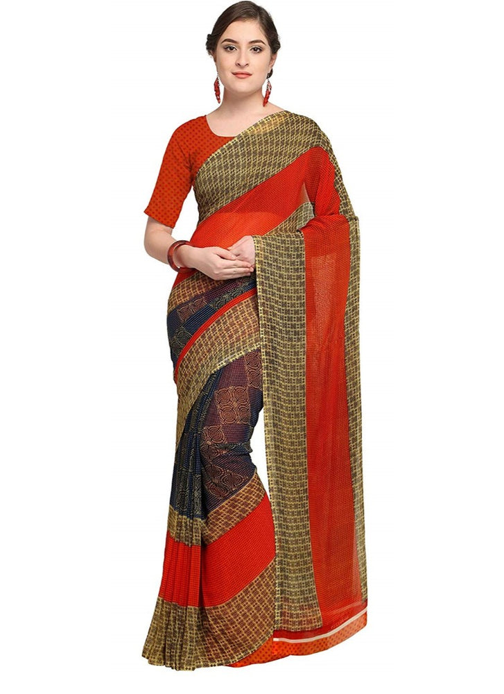 Printed Faux Georgette Orange Color Saree only in Bigswipe