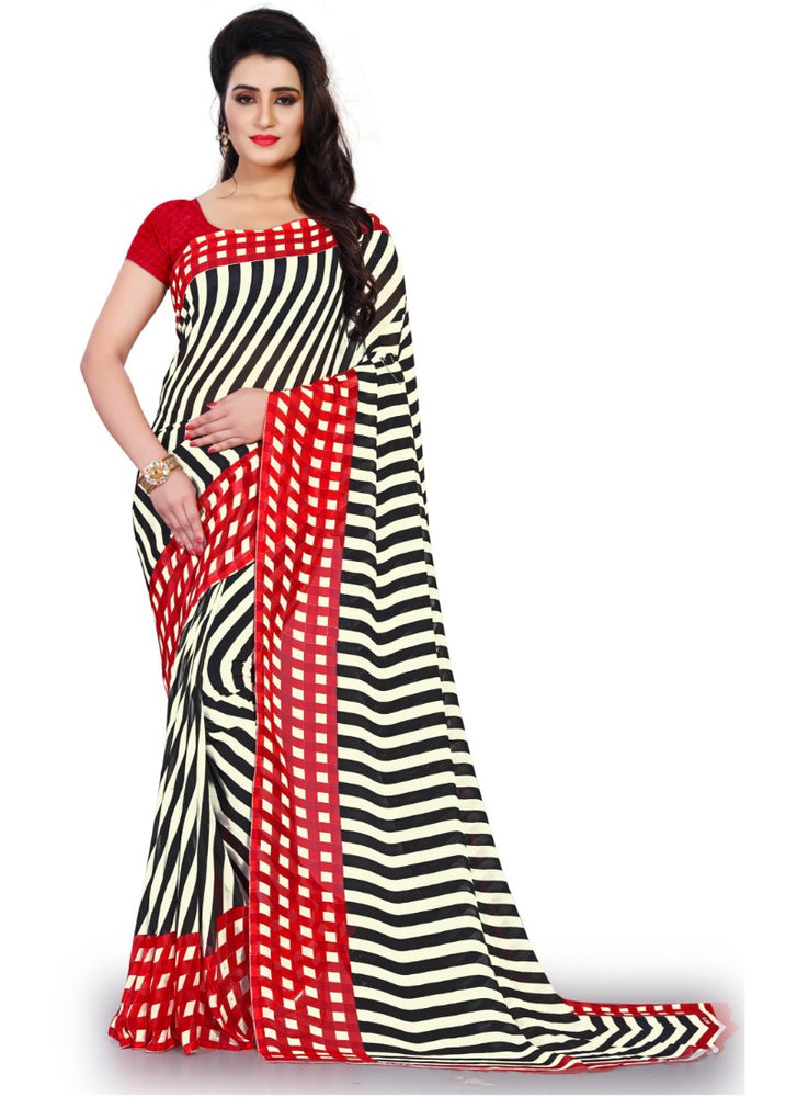 Printed Faux Georgette Red Color Saree only in Bigswipe