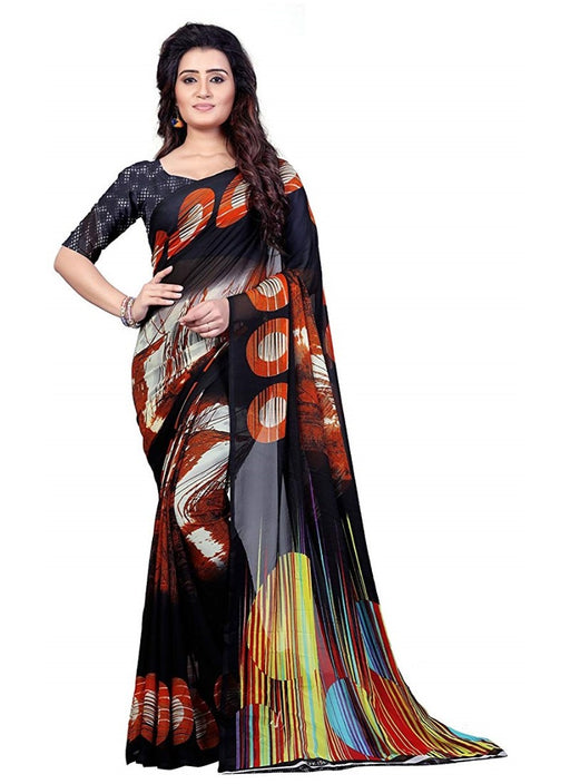 Printed Faux Georgette Black Color Saree only in Bigswipe
