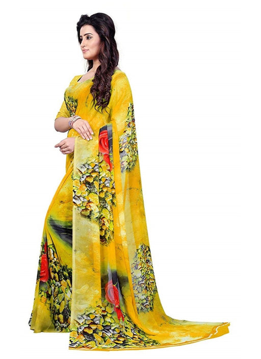 Printed Faux Georgette Yellow Color Saree only in Bigswipe