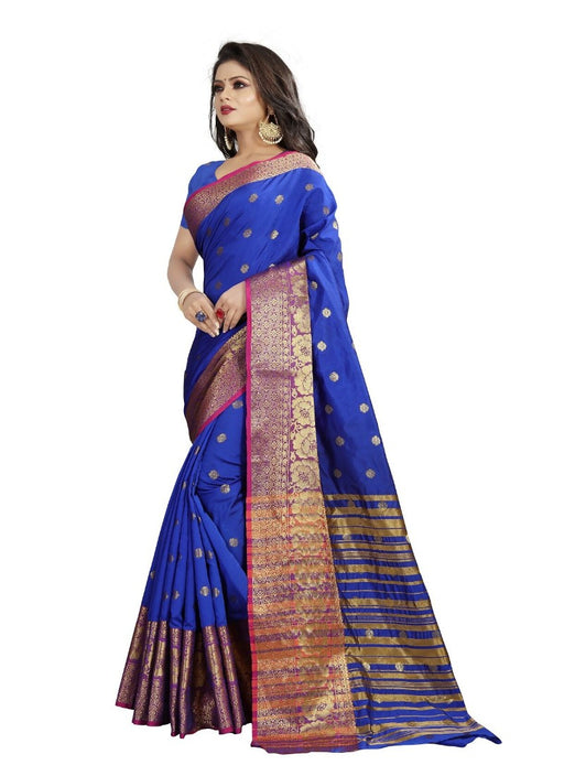 Blue Color Printed Cotton Silk Saree With Blouse only in Bigswipe