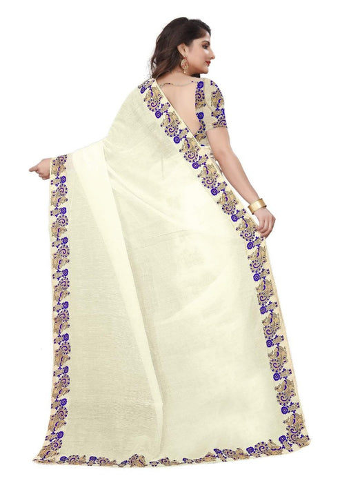 White Color Printed Chanderi Silk Saree With Blouse