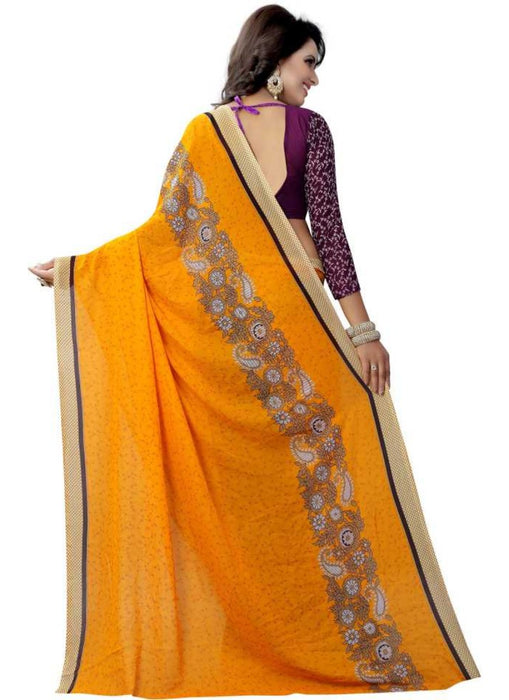 Yellow And Purple Color Printed Georgette Saree With Blouse