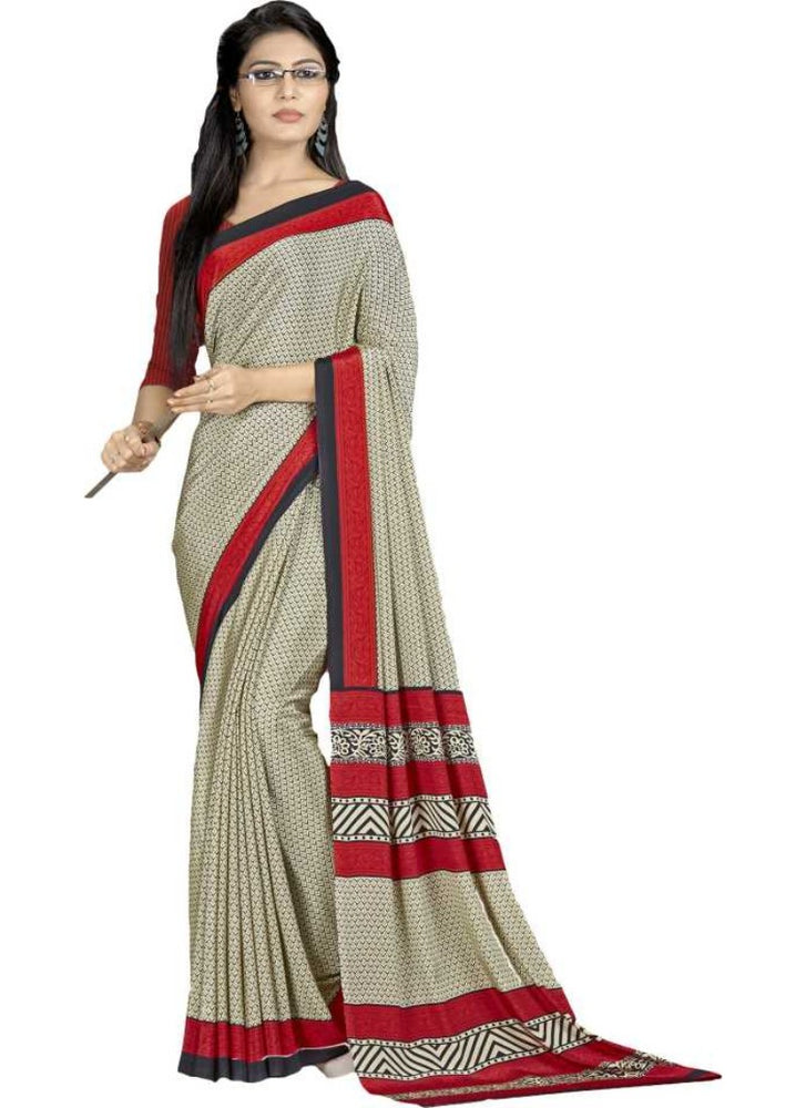 Cream And Red Color Printed Silk Crepe Saree With Blouse only in Bigswipe