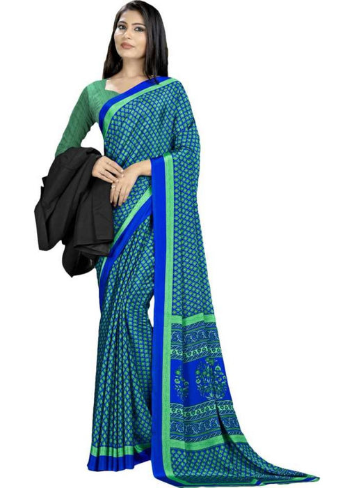 Green And Blue Color Printed Silk Crepe Saree With Blouse only in Bigswipe