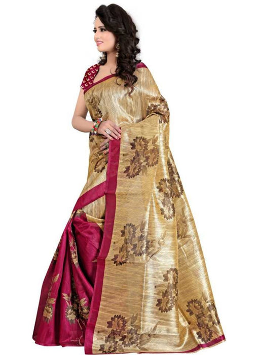 Gold Color Printed Bhagalpuri Silk Saree With Blouse only in Bigswipe