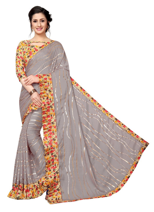 Grey Color Printed Crepe Silk Saree With Blouse only in Bigswipe