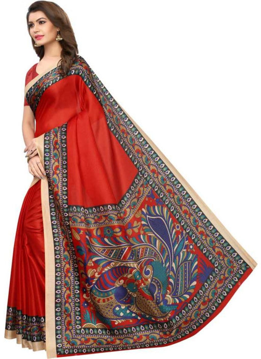 Red Color Printed Khadi Silk Saree With Blouse