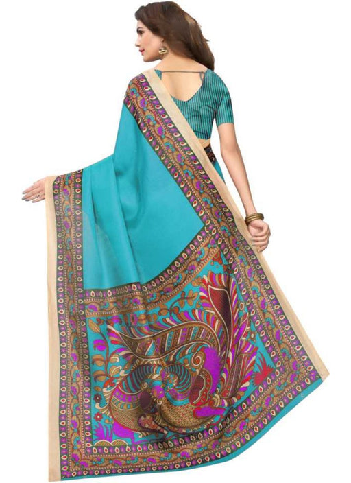 Rama Color Printed Khadi Silk Saree With Blouse