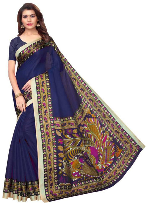 Navy Color Printed Khadi Silk Saree With Blouse only in Bigswipe