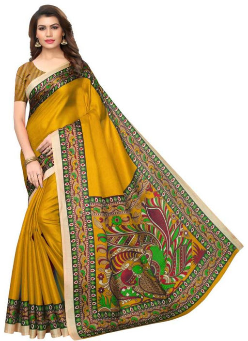 Mustard Color Printed Khadi Silk Saree With Blouse only in Bigswipe