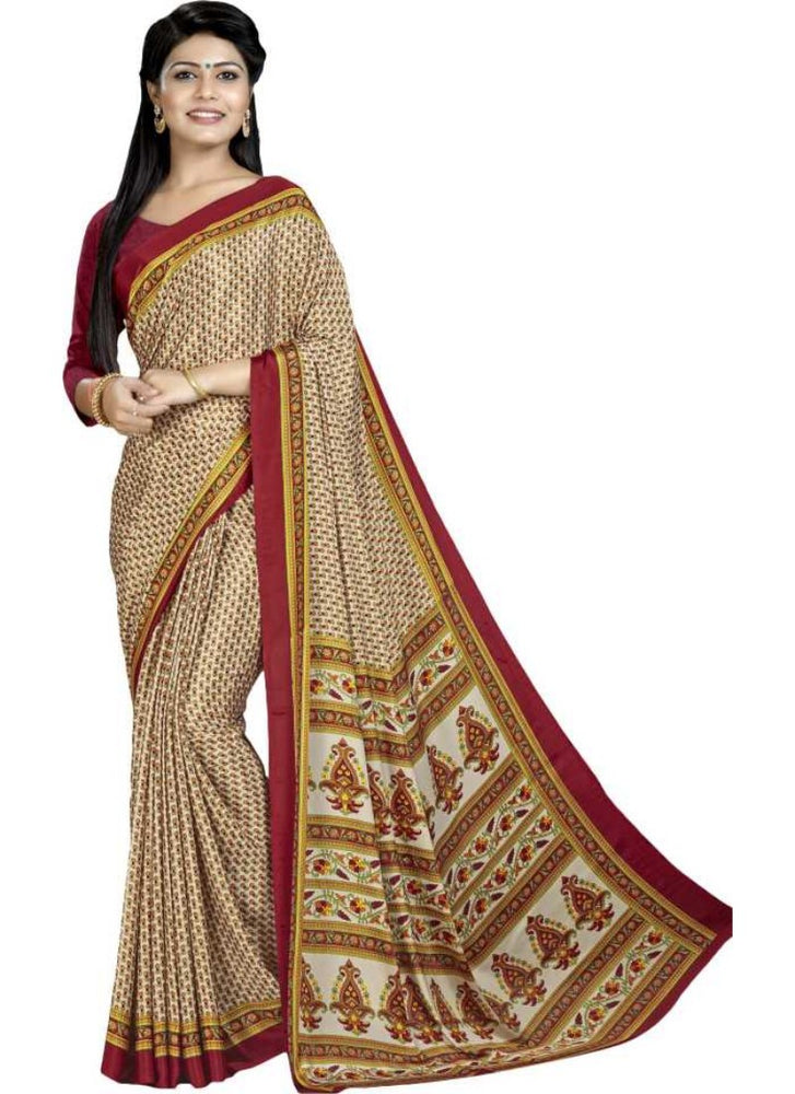 Cream And Red Color Printed Silk Crepe Saree With Blouse only in Bigswipe