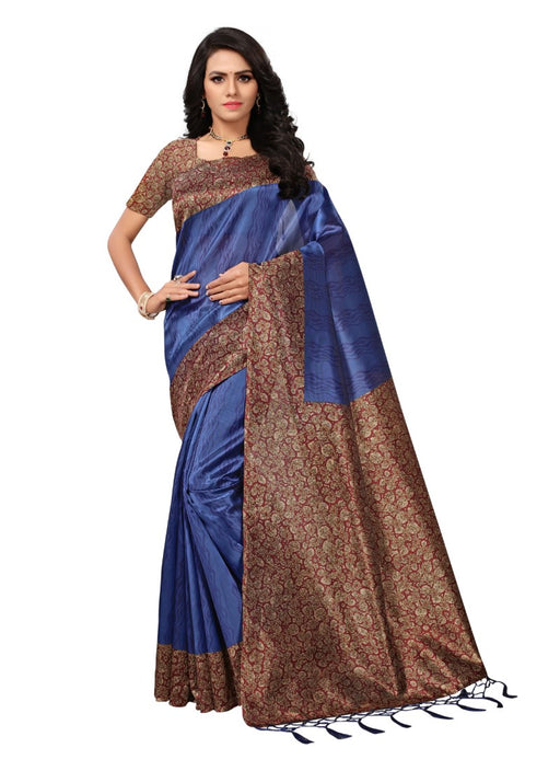 Blue Color Printed Mysore kalamkari Silk with jhalor Saree With Blouse only in Bigswipe