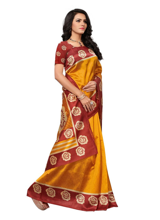 Golden Color Printed Mysore kalamkari Silk Saree With Blouse only in Bigswipe