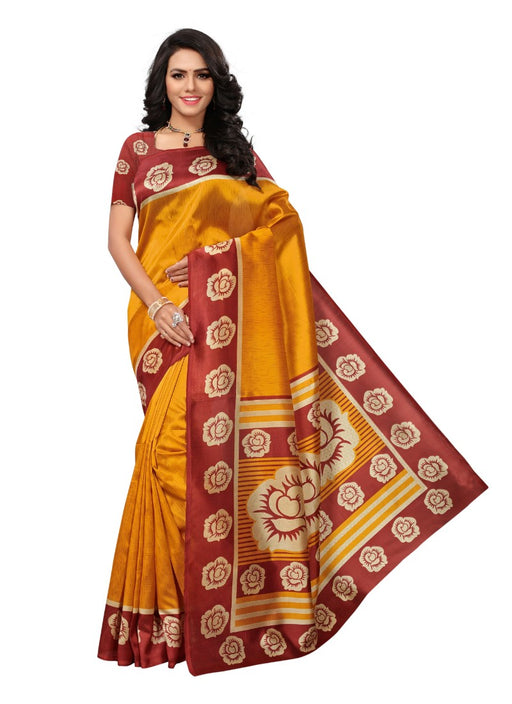 Golden Color Printed Mysore kalamkari Silk Saree With Blouse only in Bigswipe