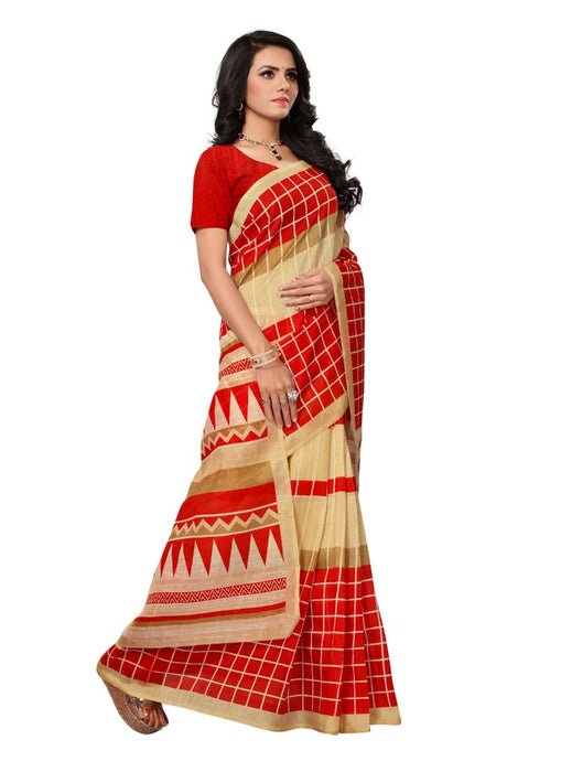 Red Color Printed Bhagalpuri Silk Saree With Blouse