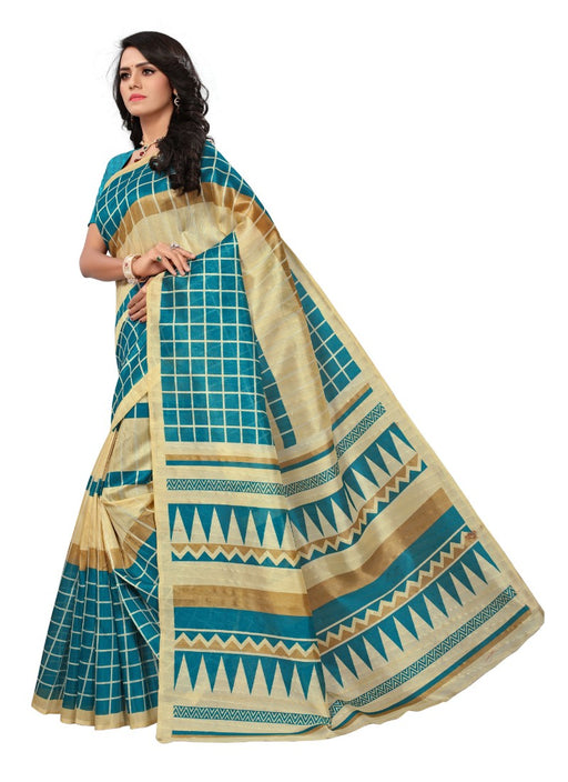 turquoise Color Printed Bhagalpuri Silk Saree With Blouse