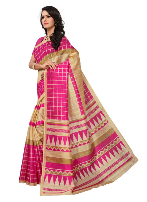 Rose Color Printed Bhagalpuri Silk Saree With Blouse