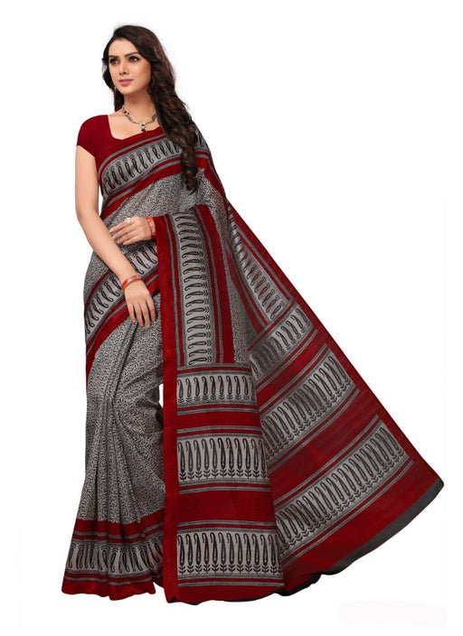 Maroon and grey Color Printed Bhagalpuri Silk Saree With Blouse only in Bigswipe