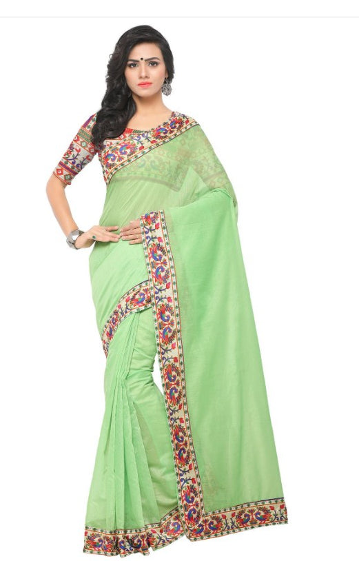 Light Green Color Printed Chanderi Saree With Blouse only in Bigswipe