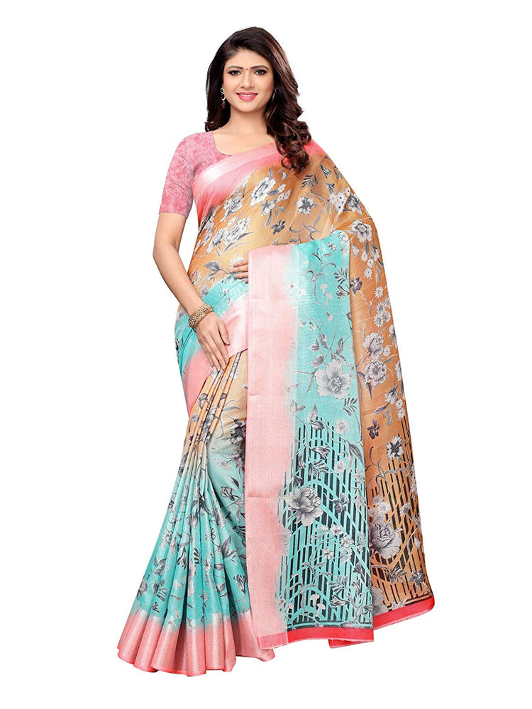 Brown, Turquoise, Multi Color Leno (Cotton Silk) Saree only in Bigswipe