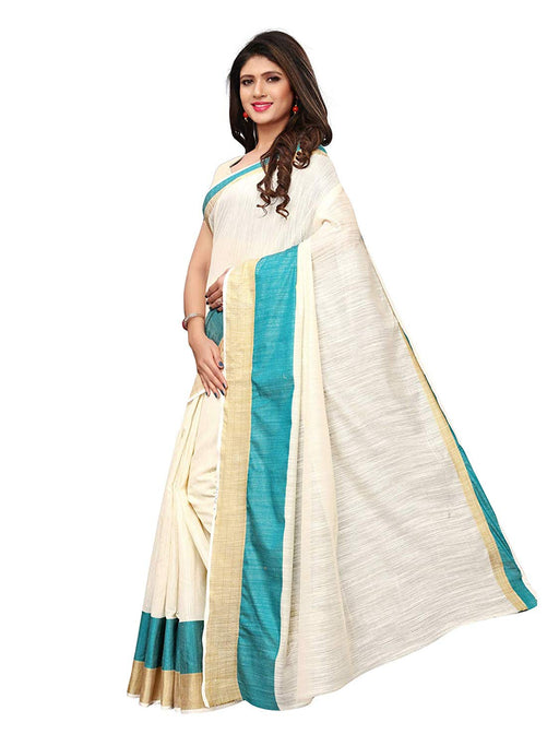 Off White, Turquoise Color Cotton Silk Saree only in Bigswipe