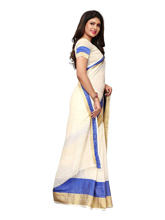 Off White, Blue Color Cotton Silk Saree only in Bigswipe