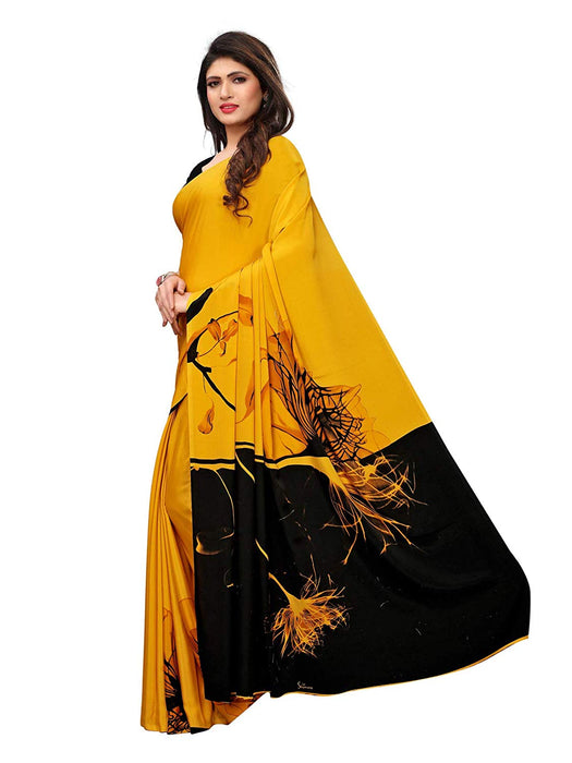 Yellow, Black Color Crepe Saree