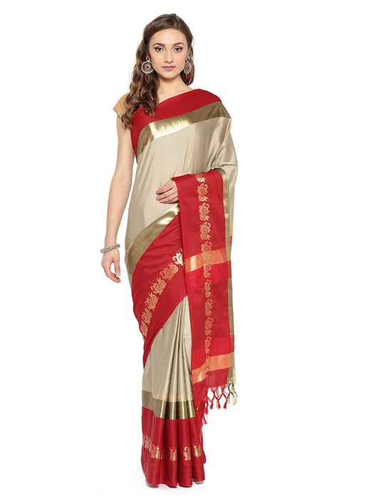 Beige, Red Color Poly Silk Saree only in Bigswipe