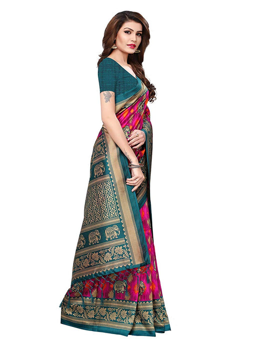 Turquoise, Pink, Multi Color Poly Silk Saree