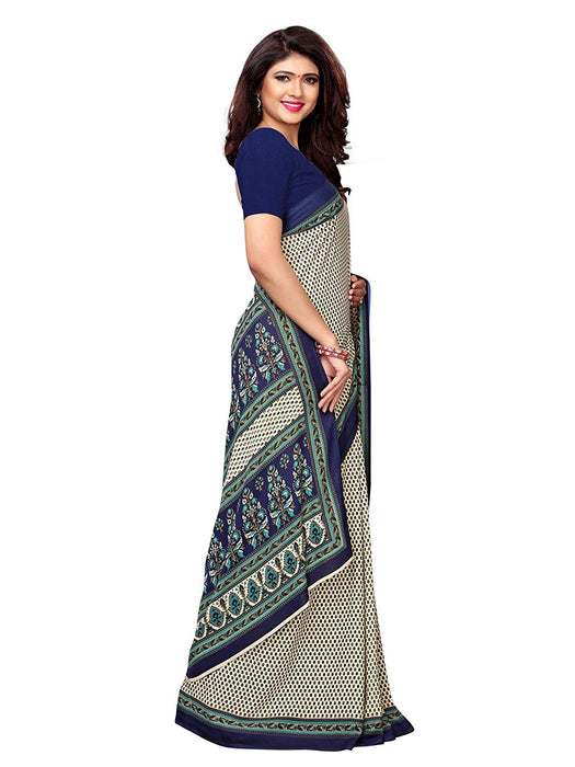 Off White, Navy Blue Color Crepe Saree only in Bigswipe