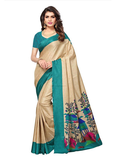 Beige, Turquoise Color  Poly Silk Saree only in Bigswipe