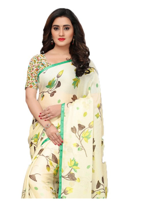 Off White, Green Color Chiffon Printed Work Saree only in Bigswipe