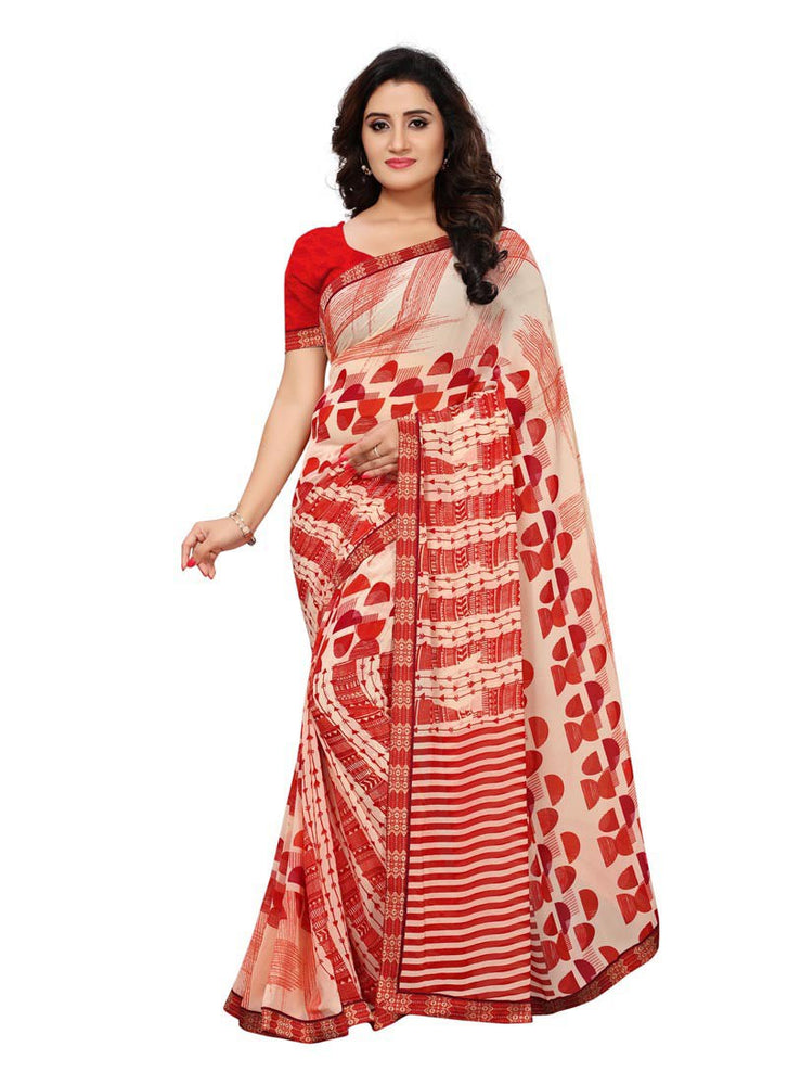 Off White, Red Color  Georgette Saree only in Bigswipe