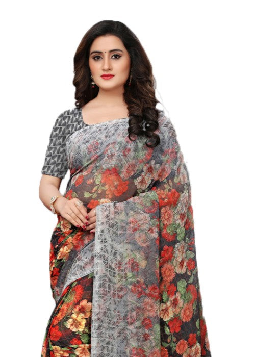 Grey, Multi Color Georgette Printed Work Saree only in Bigswipe