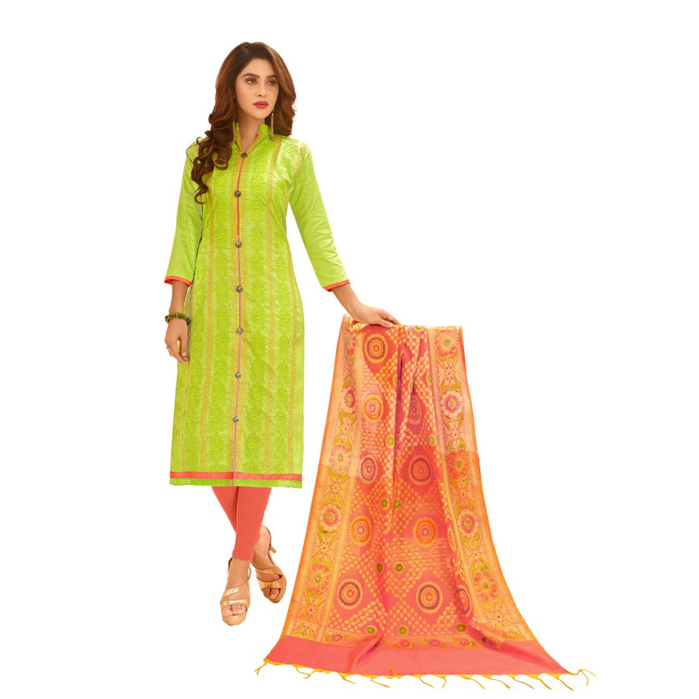 Glace Cotton Fabric Green Color Dress Material only in Bigswipe