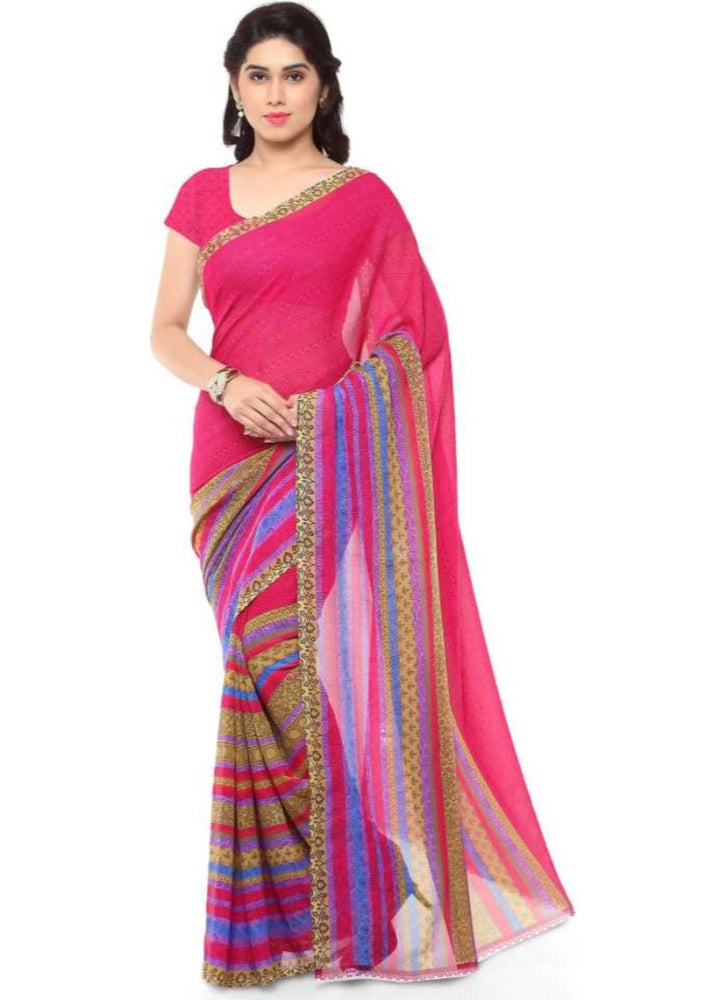 Printed Faux Georgette Pink Color Saree only in Bigswipe