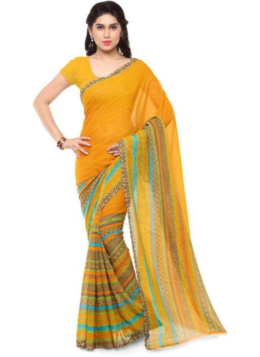Printed Faux Georgette Yellow Color Saree only in Bigswipe