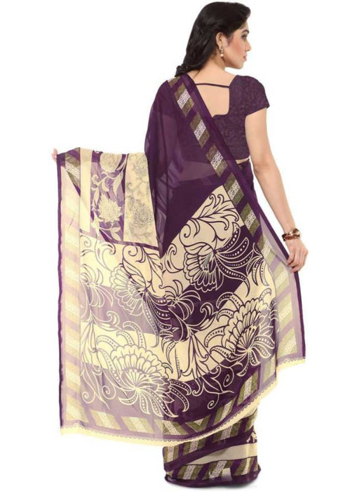 Printed Faux Georgette Wine Color Saree only in Bigswipe