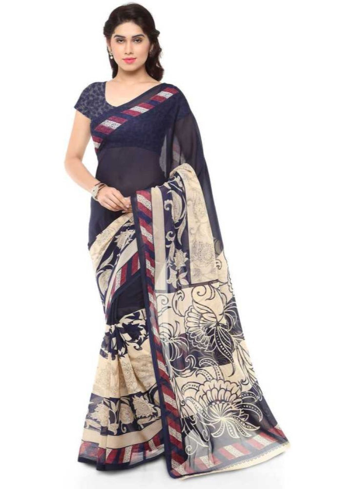 Printed Faux Georgette Blue Color Saree only in Bigswipe