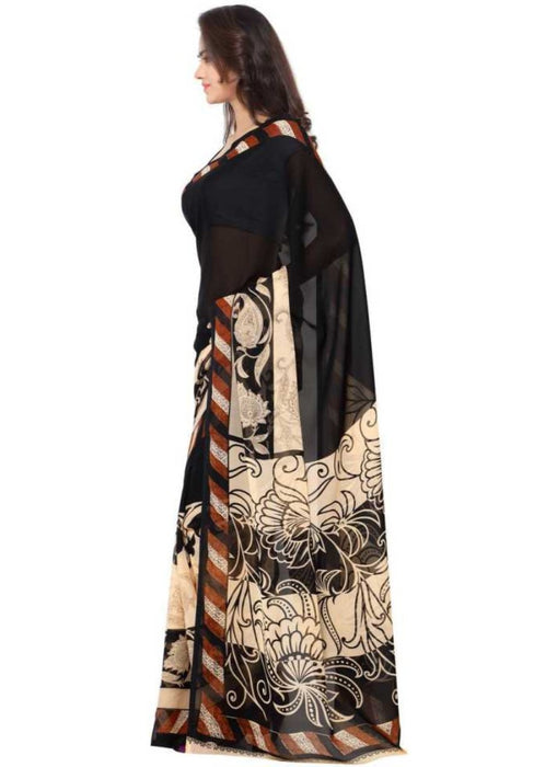 Printed Faux Georgette Black Color Saree only in Bigswipe