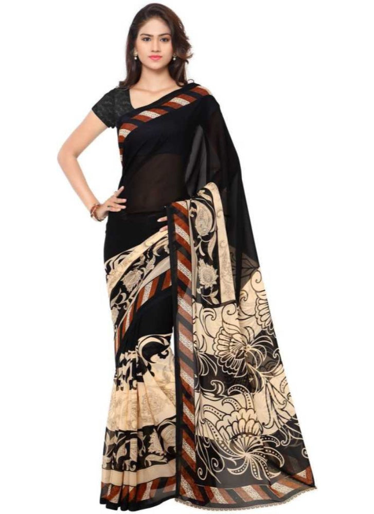 Printed Faux Georgette Black Color Saree only in Bigswipe