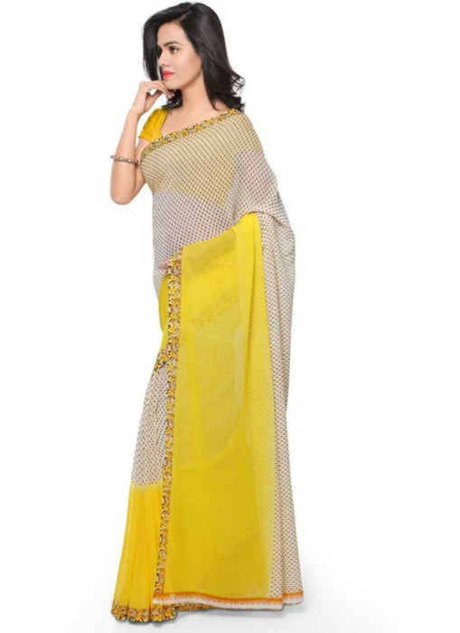 Printed Faux Georgette Yellow Color Saree only in Bigswipe