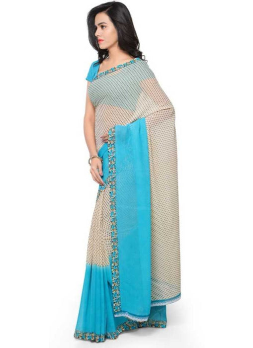 Printed Faux Georgette Blue Color Saree only in Bigswipe